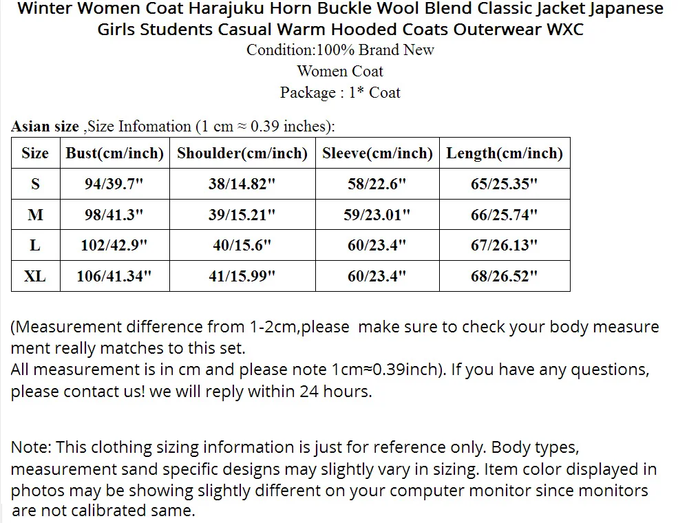 Winter Women Coat Harajuku Horn Buckle Wool Blend Classic