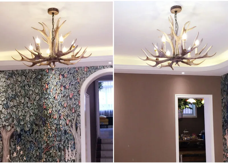 Europe E14 6 8 10 Heads American Deer Horn Antler Pendant Lamp Resin Antler Lampshade Parlor Hall Decor Suspension Luminaire C3