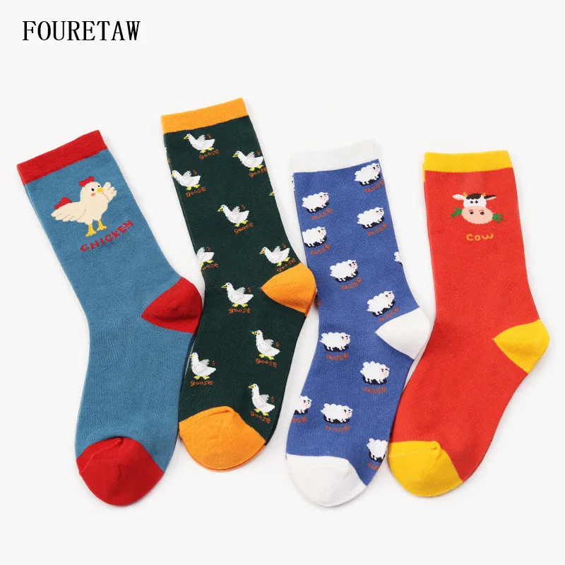 

FOURETAW 1 Pair High Quality Fashion Cartoon Animals Cow Chicken Sheeo Pattern Women's Socks Casual Cotton Famous Street Socks