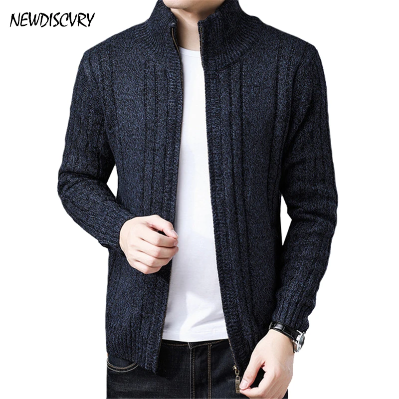 

NEWDISCVRY Men Fleece Zipper Sweater 2018 Fashion Winter Warm Knitted Cardigan Stand Collar Slim Sweaters Grey Cashmere Homme
