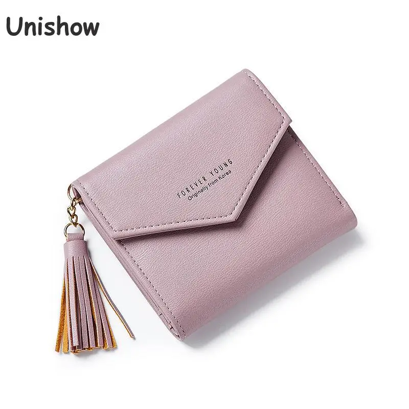 

Unishow Small Tassel Women Wallet Solid Casual Women Purse Short Brand Designer Female Wallet Soft Pu Leather Purse Card Holder