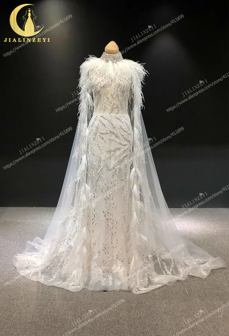 JIALINZEYI, сексуальное, Zuhair Murad, с высоким воротом, с бусинами, с перьями, Русалка, накидка, роскошное свадебное платье, свадебное платье