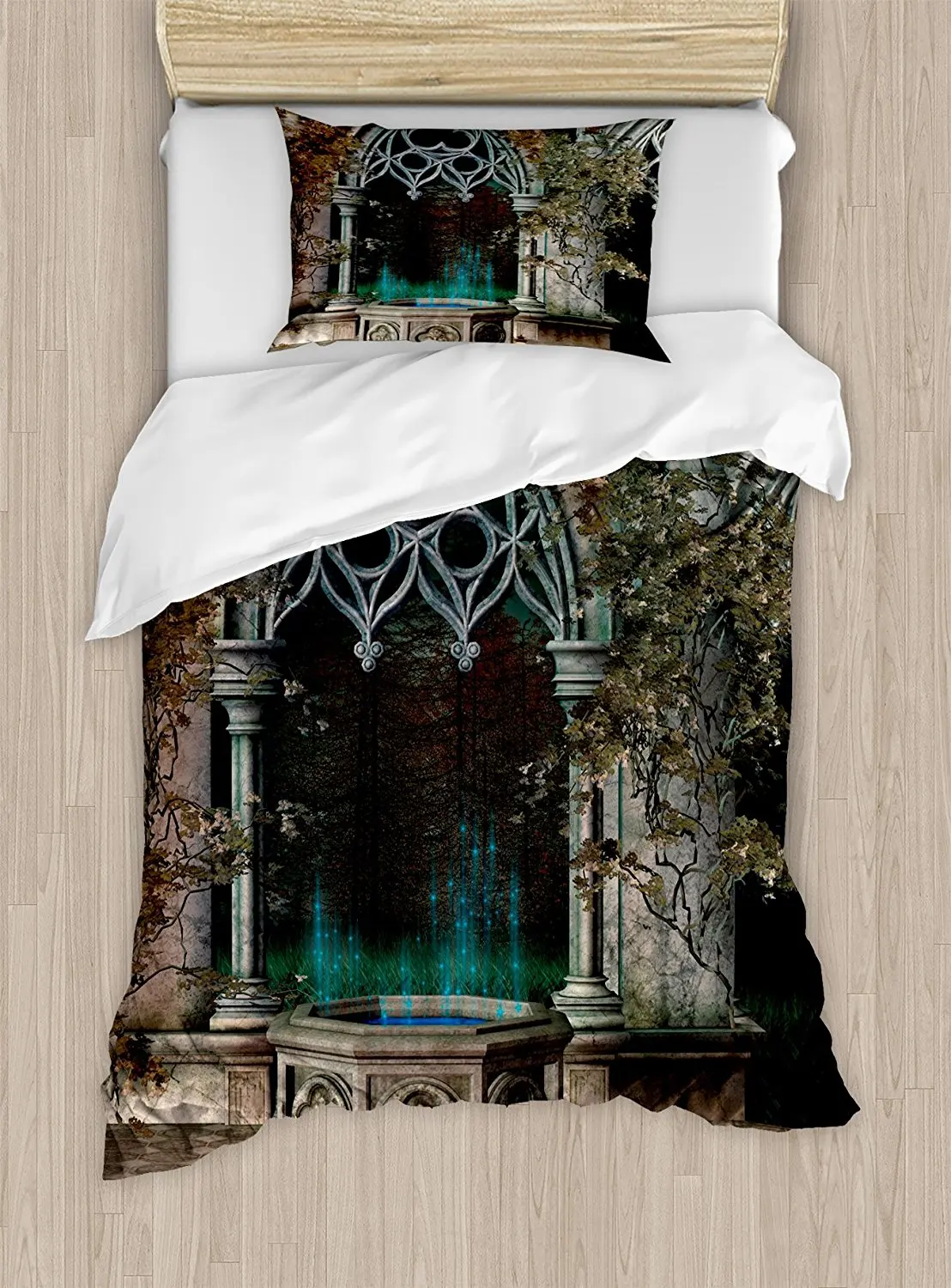 

Gothic Duvet Cover Set Mystical Patio with Enchanted Wishing Well Ivy on Antique Gateway to Magical Forest 4 Piece Bedding Set