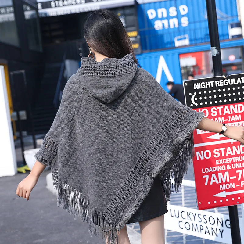 

New Woman Solid Color Hooded Cape Poncho Autumn Winter Magic Collar Knitted Sweater Outdoor Wear Tassel Cardigan Coat For Female