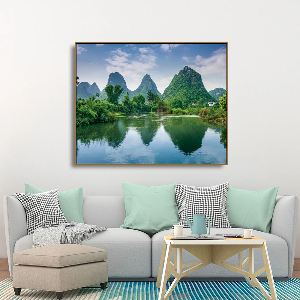 

Laeacco Canvas Calligraphy Painting Green Mountain Posters and Prints Natural Scene Wall Picture for Living Room Home Decoration