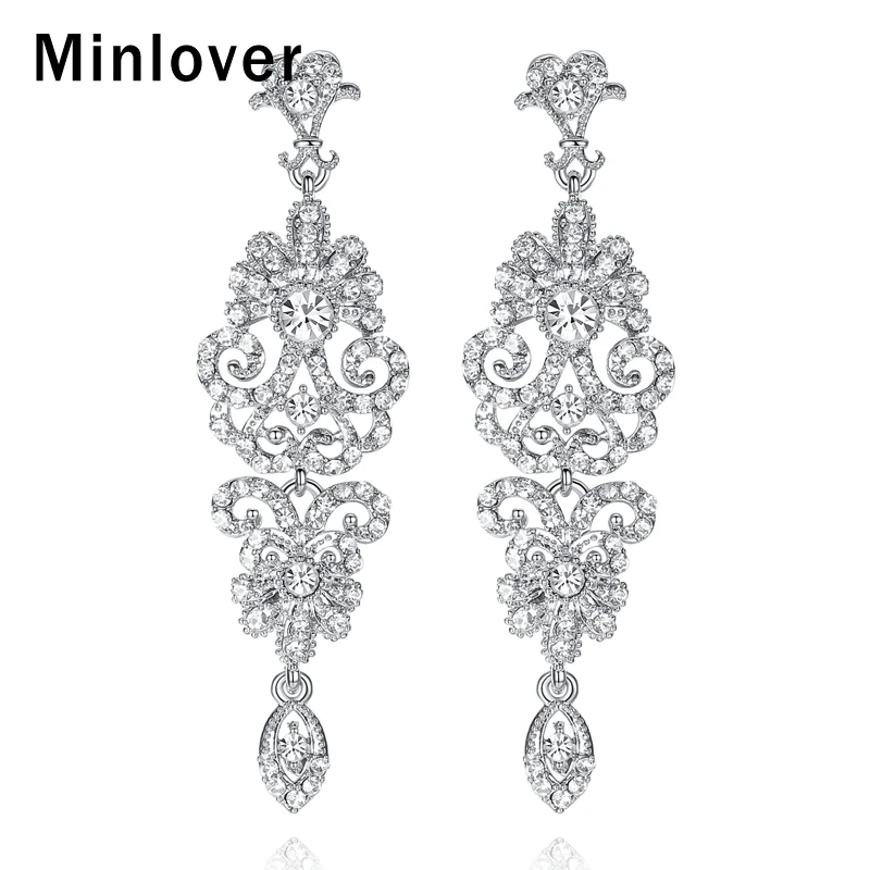 Роскошные цветочные длинные висячие серьги Minlover для женщин прозрачные кристаллы