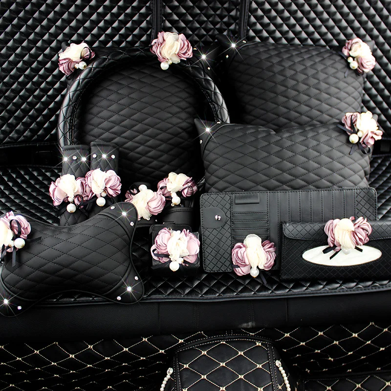 

Car Steering Wheel Cover Flower Tissue Box Sunvisor CD Storage Bag Headrest Waist Pillow Gear Shift Collar for Women Car Styling