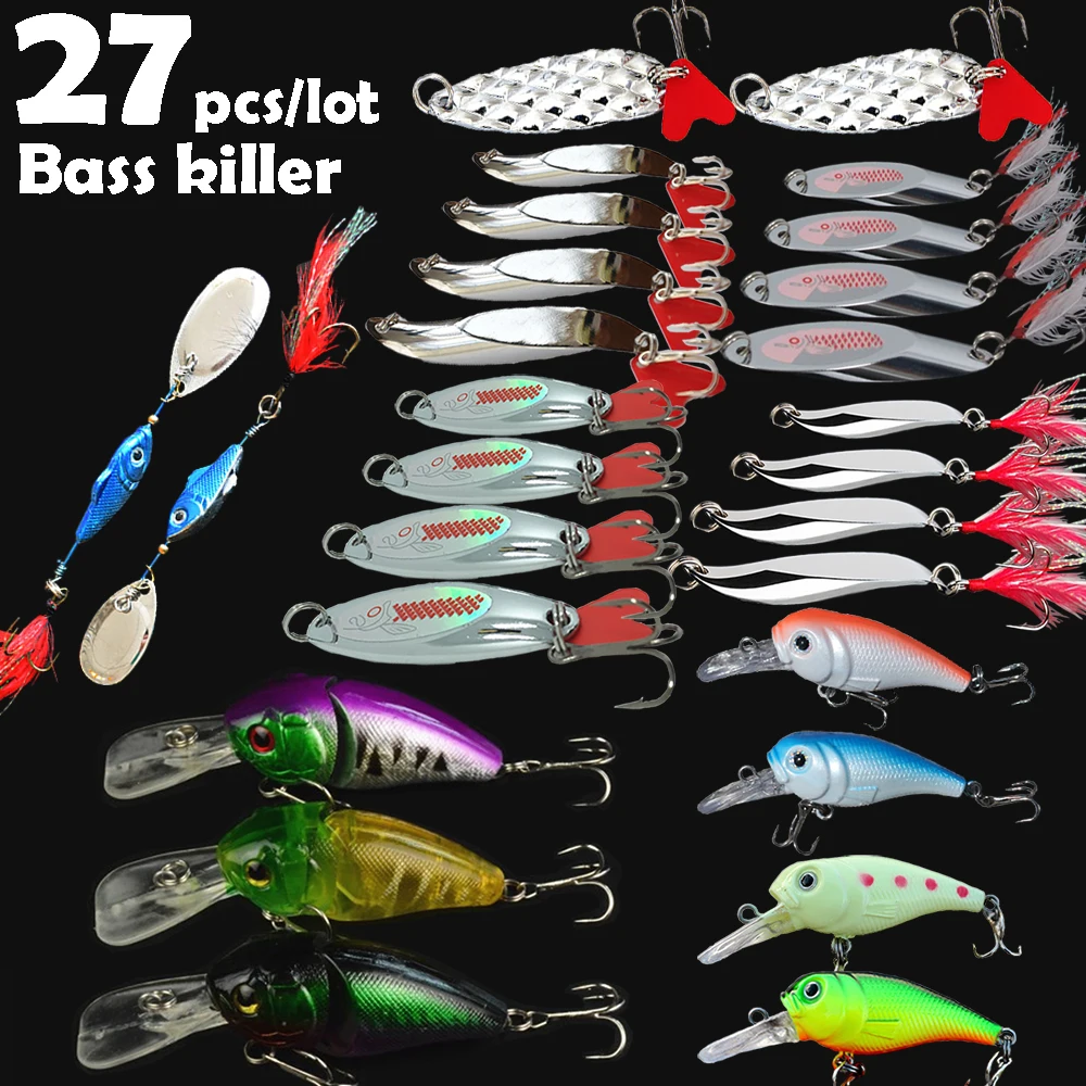 

27pcs Spoon crank baits lure kit set Spinner rock crankbait Beveling Chamfer Paillette Fishing Lure Stosh Reflective Luminous