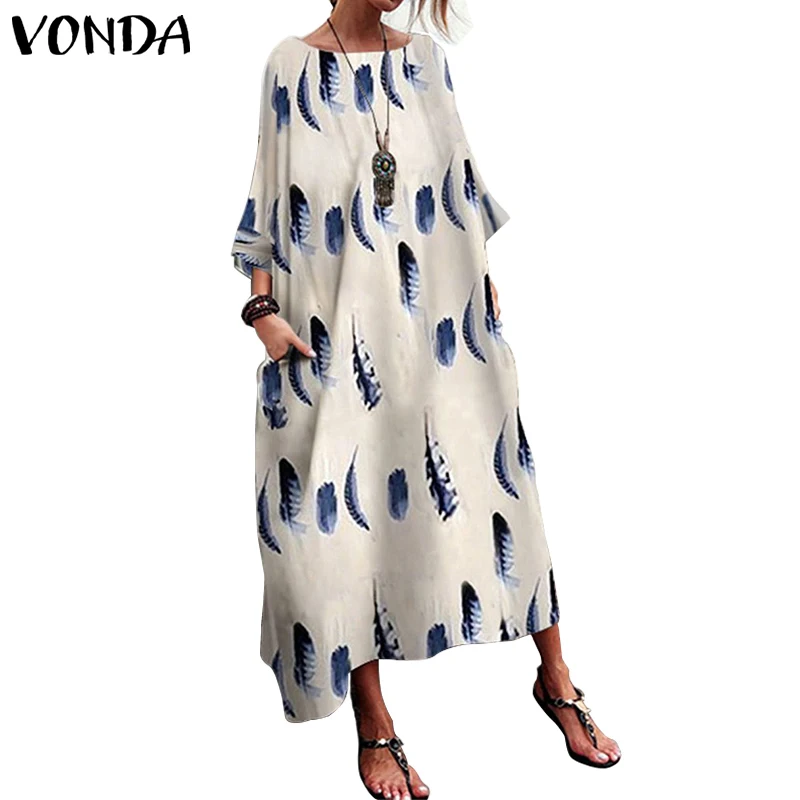 VONDA البوهيمي المرأة فستان مُزين بطباعة الصيف 2019 خمر مثير طويلة ماكسي اللباس حزب شاطئ اللباس فام زائد حجم فستان الشمس S-5XL