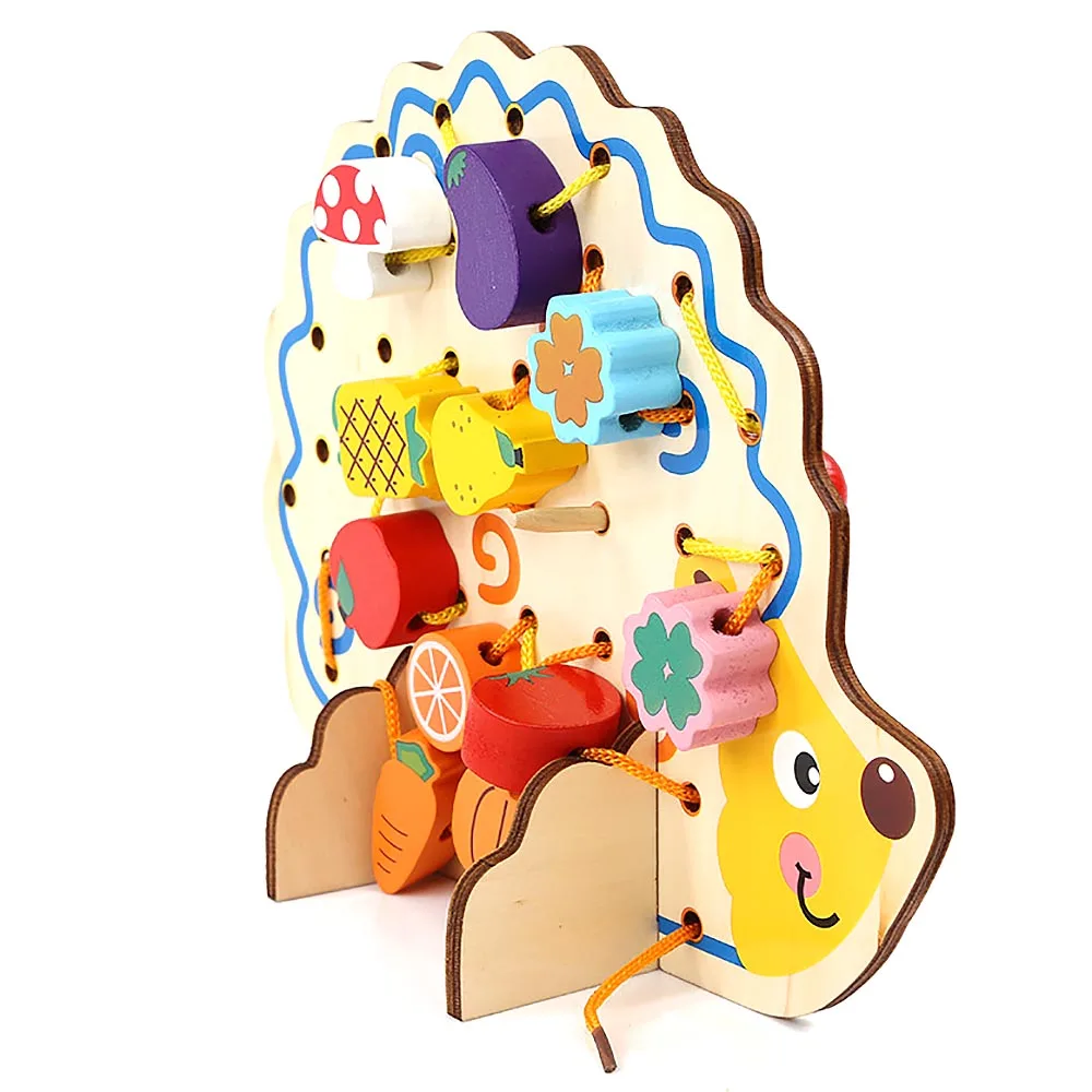 1 Set Creative Useful Wood Hedgehog Fruit Vegetable Beads Building Thread Toy for Kids