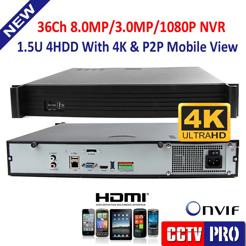 1.5U Casing H.265 36Ch 1080P/3MP/8MP CCTV NVR 4HDD Max Up 16TB Support Onvif/P2P With 4K(4096*2160) Goolink App Mobile View