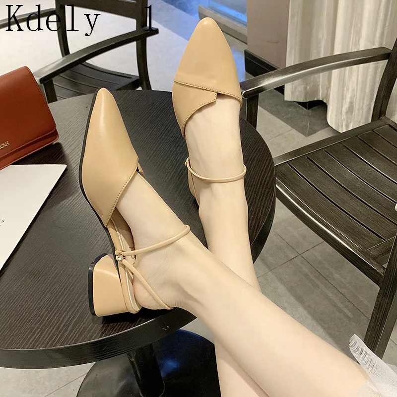 

Party Women Mules Slipper Pointed Toe Block Strap Closed Shallow High Heels Shoes Sandals Black Beige Square heel Pumps