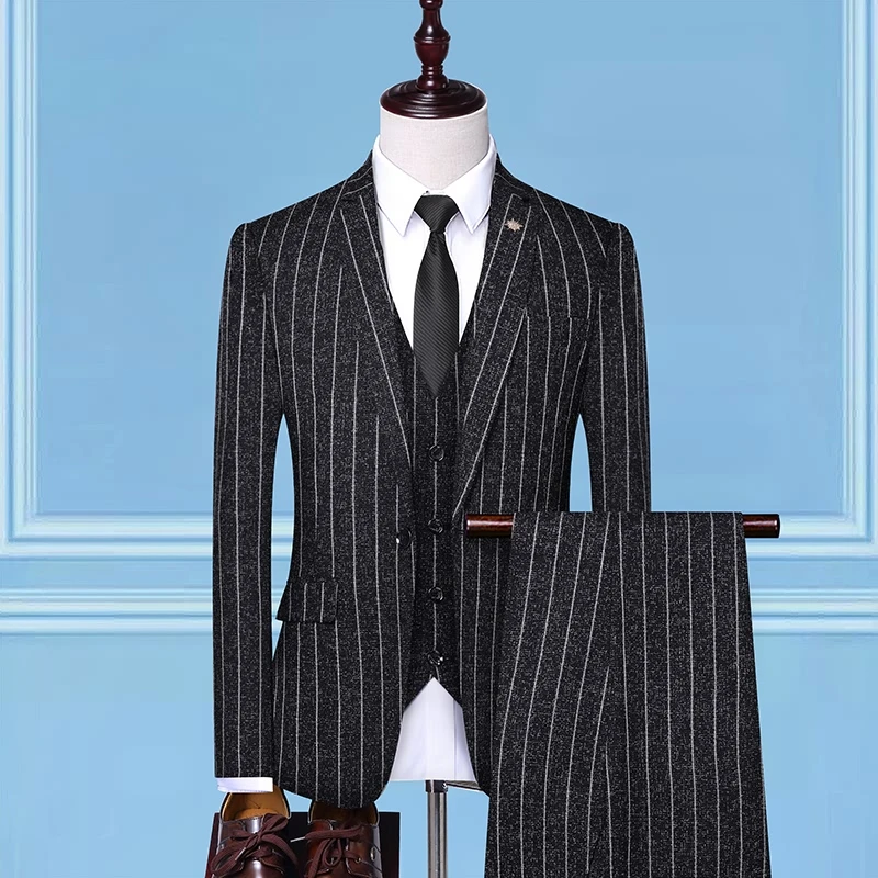 Пиджак+ жилет+ брюки) мужской костюм Модный Полосатый Свадебный костюм жениха/мужской повседневный деловой костюм с брюками жилет - Цвет: black