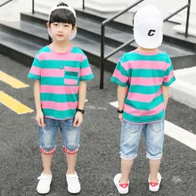 Г. Летняя одежда для мальчиков спортивный костюм, комплект модной повседневной детской одежды с короткими рукавами и круглым вырезом, комплект из 2 предметов, футболка+ джинсы