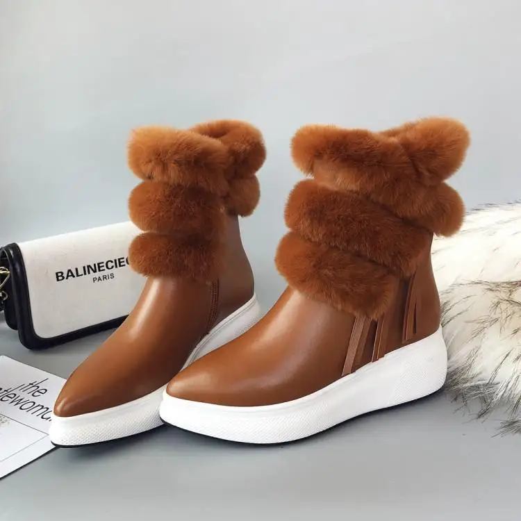 Seite Schnalle Braun Stiefel Winter Damen orange Gummi Frauen Schwarz Zapatos Schwarzes Luxus Leder Quaste Mujer Spitz Mittlere Ferse Booties Pelz 5EwqwY6
