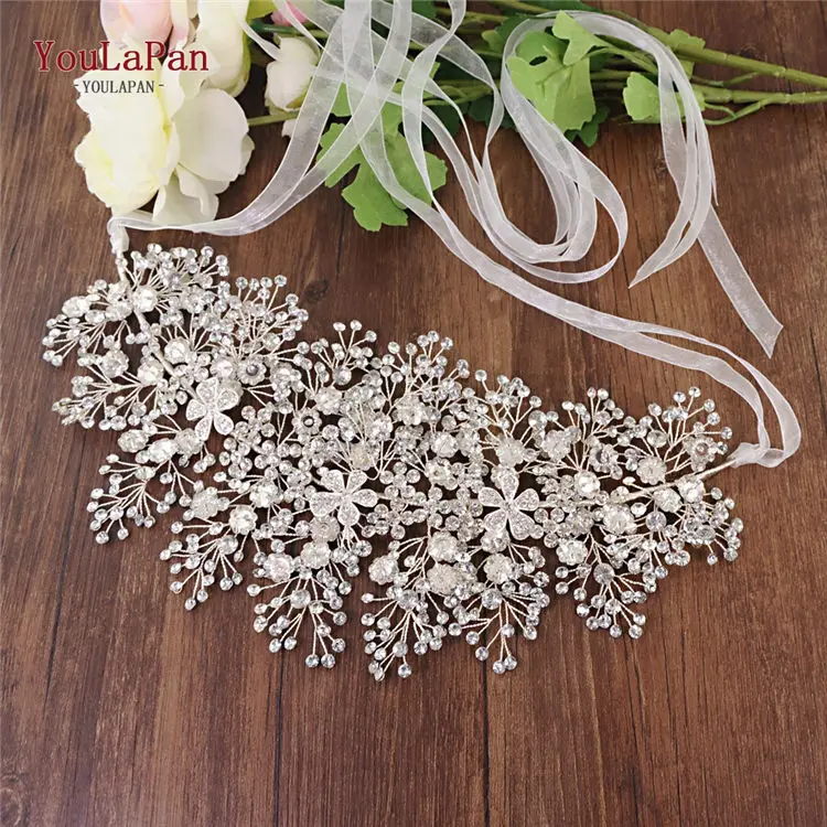 YouLaPan SH240 горный хрусталь пояс свадебный ювелирный пояс для формального платья Серебряный алмаз пояс сплав цветок Кристалл Пояса с бисером - Цвет: Off-White organza
