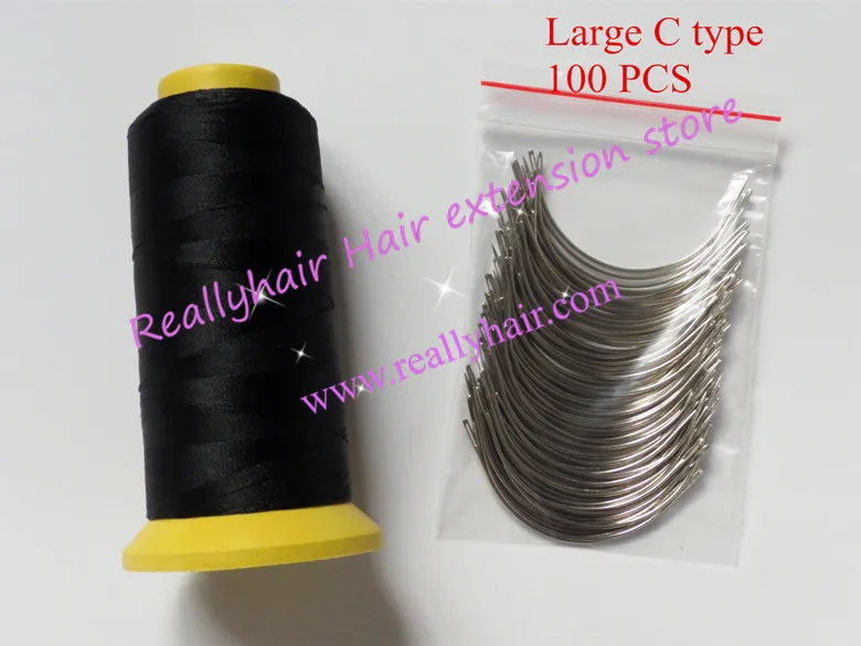 

Free shipping 100pcs Large type C hair weaving needles curved needles with 1 roll Black thread Nylon weaving thread