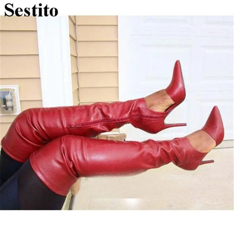 

European Sexy Red Hollow Over-the-Knee Boots Pointed Toe Thin Heels Women Boots Side Zipper Long Boots Spring/Autumn Women Shoes