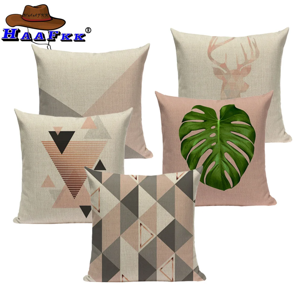 

Pink Geometric Nordic Cushion Cover Tropic Palm Leaf Throw Pillow Cover Linen Cushion Case Sofa Bed Decorative Heart Pillowcase