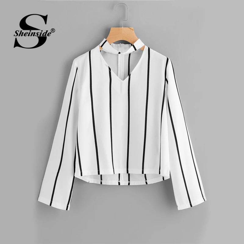 

Sheinside Striped Blouse Women Shirts Blouses Crop Top Long Sleeve Cut Out V Neck With choker Summer Office Ladies Blouse