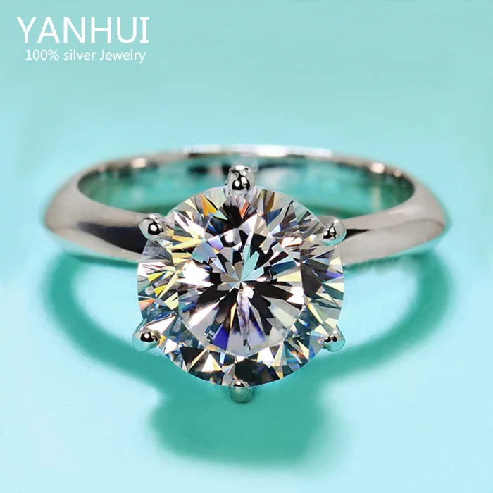 

YANHUI Brand Real 925 Sterling Silver Engagement Ring Hearts and Arrows 8mm 2 Carat CZ Diamant Wedding Rings For Women YR406