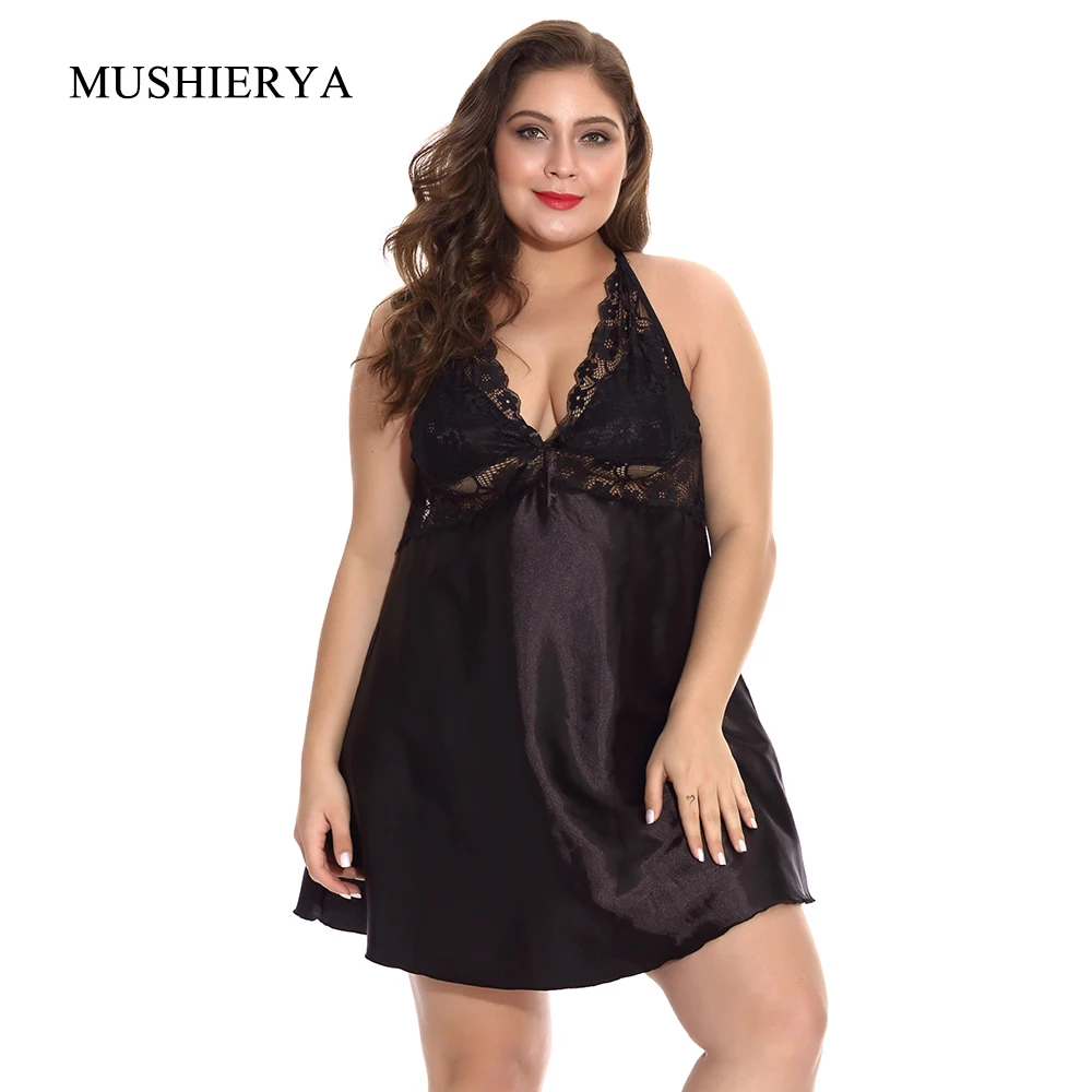 

MUSHIERYA Plus Size Women Lingerie 3 Colors Sexy Satin Babydoll Mujer Erotic Deep V Lace Costumes Underwear Sexy Ladies Nighties