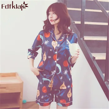 

Women's Pyjamas Summer New Print Women Satin Pajamas Lingerie Set Pijamas Mujer Pajama Shorts Sleepwear Set Home Clothes Q347