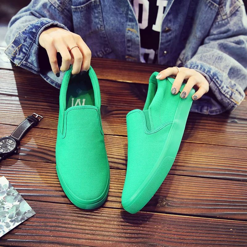 Мужская обувь; зеленые слипоны; лоферы; мужские туфли из вулканизованной парусины; однотонные кроссовки на плоской подошве; универсальная повседневная обувь с эластичным ремешком