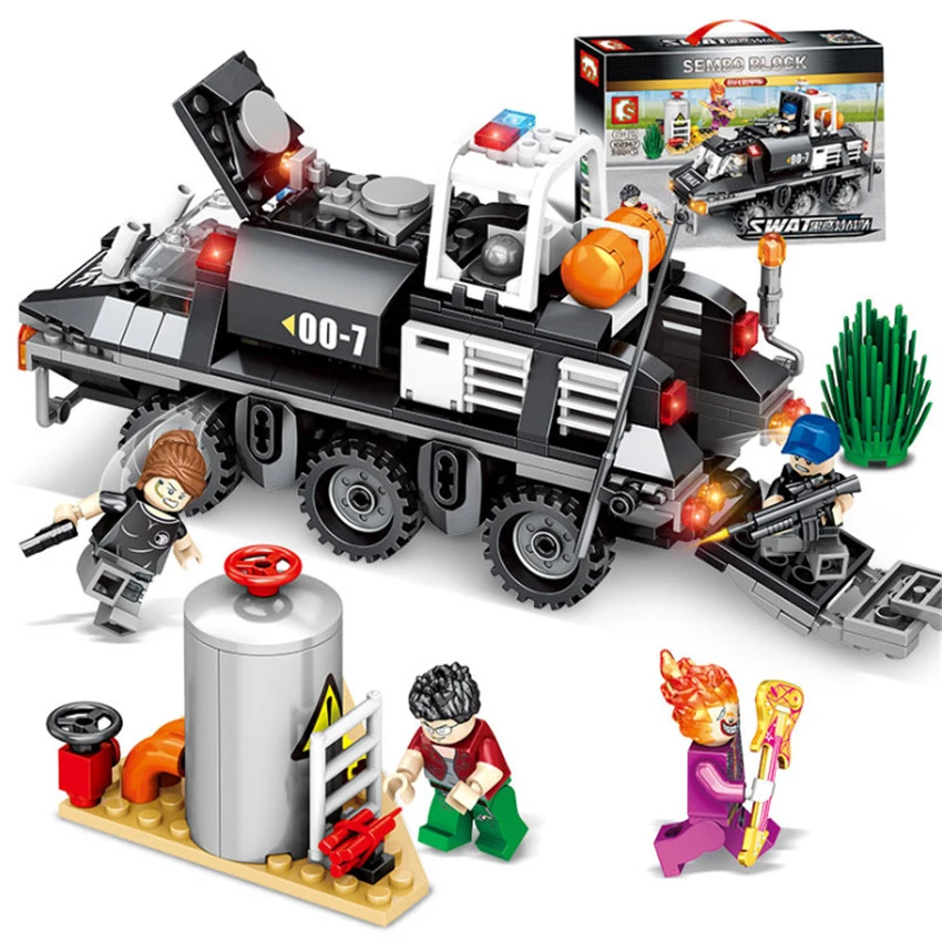 

368+Pcs Blocks Black Hawk Legoingly Military Armored Car SWAT with Police Figure Tree Building Block Sets Toys For Children
