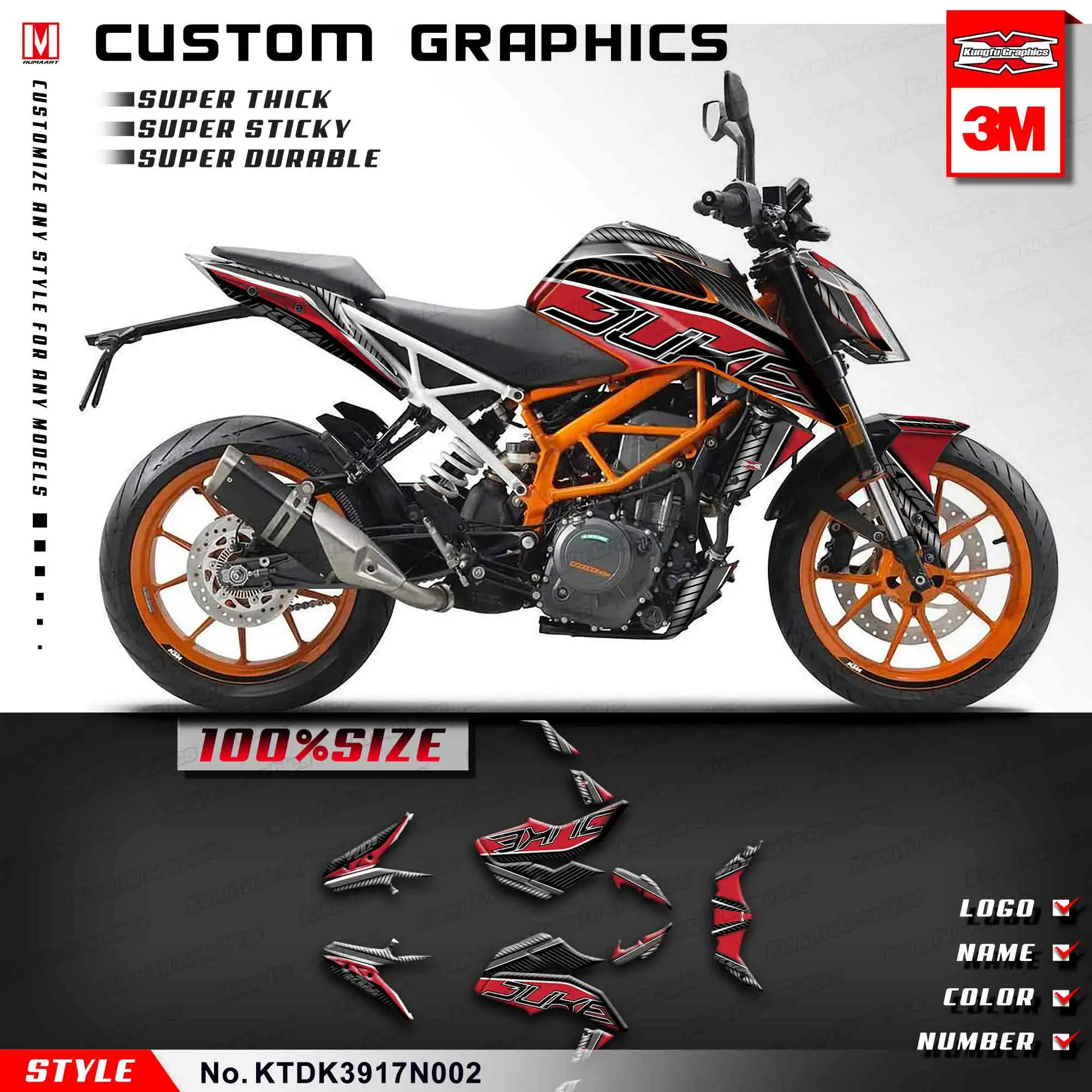 KUNGFU GRAPHICS Restyle Набор для украшения мотоцикла для KTM DUKE 390 DUKE390 виниловая пленка полный дизайн стикеров - Цвет: KTDK3917N002