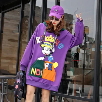 

Thailand Tide brand 2019 spring new ladies large size sequins letters cartoon pattern hooded loose long sweater women