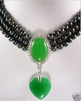 

Hot sale 3 rows 7-8mm black pearl necklace green jade pendant