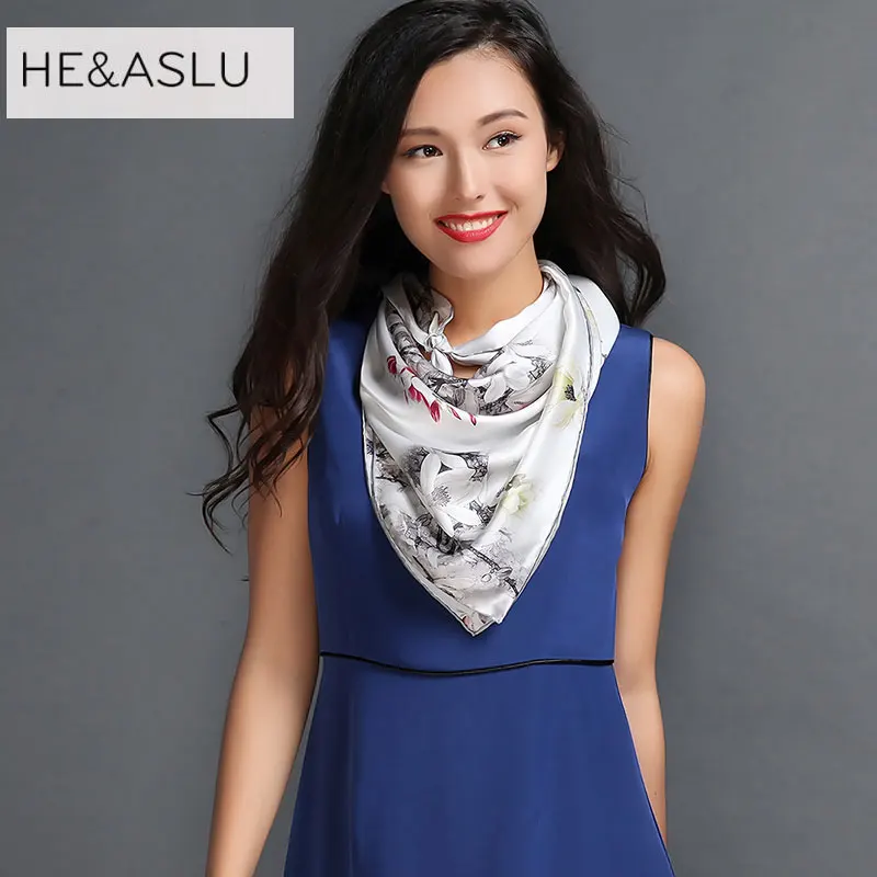 HEASLU High Quality ring Square natural Small Silk Scarf Women 85X85