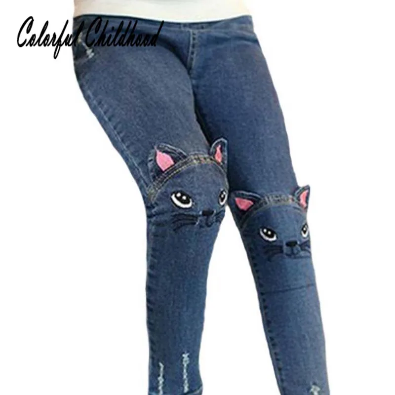 

Girls denim pants autumn winter toddler girls leggings cartoon cat embroidery kids pants children trousers 3-8Yrs