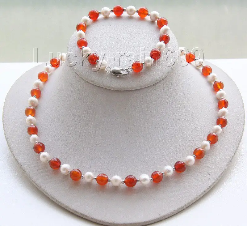 

shippingGenuine 18" 8" round white pearls red agate necklace bracelet set e2319