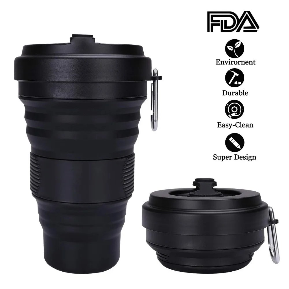 

Collapsible Coffee Cup with Lids 550ml Leak Proof BPA Free Eco Reusable Coffee Mug Portable Water Bottle Travel Cup All Black