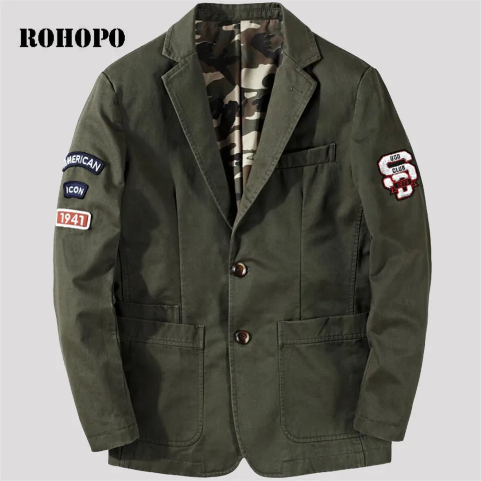

ROHOPO Military 100% Pure Cotton Man Casual Blazer 2018,Spring Single Breast Soldier Army green Camouflage Lining Blazers Men