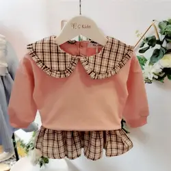 Комплект одежды для маленьких девочек, свитер с отложным воротником + юбка, Модный комплект детской одежды