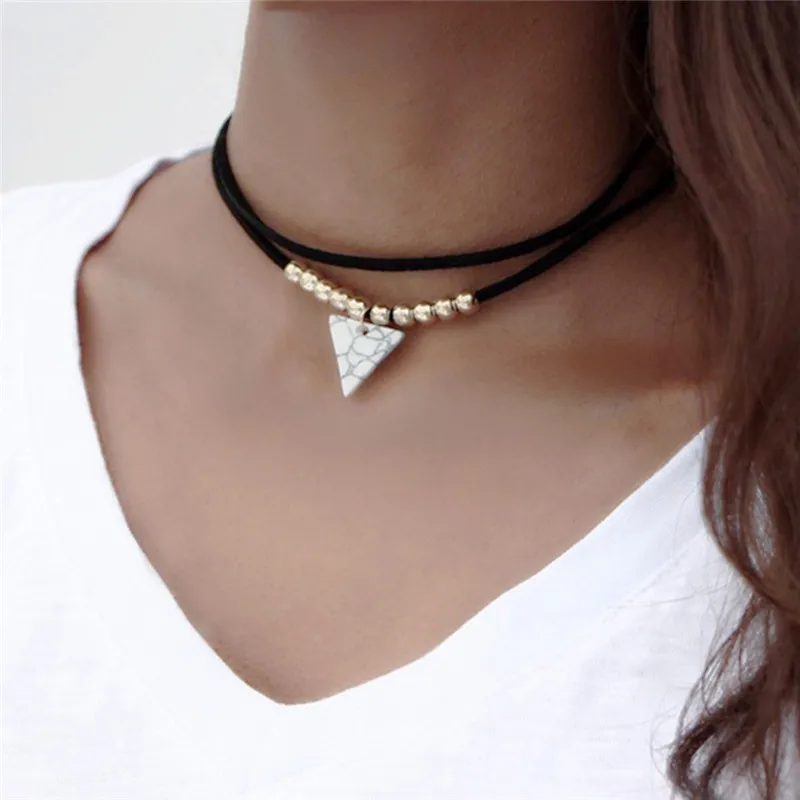 

2018 Triangle Stone Choker Double Layer Unicorn Necklaces for Women Beads Pendant Collier Leather Necklace Boho Jewelry Z4