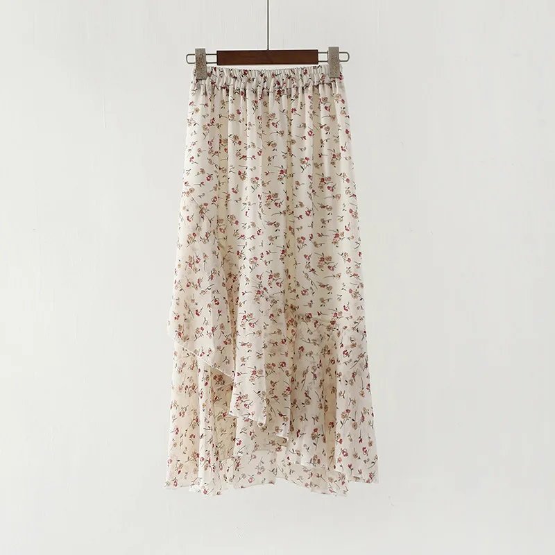

Ladies Floral Chiffon SkirtElastic High Waist Irregular Skirt Long Skirt Female 2019 Spring Summer Lotus Leaf Fairy Skirt A64