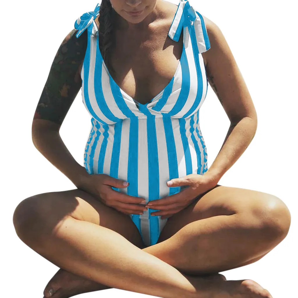 Женский купальник для беременных Большие размеры купальники для беременных пляжный принт купальный Купальник в полоску летняя пляжная одежда#811 - Цвет: Небесно-голубой