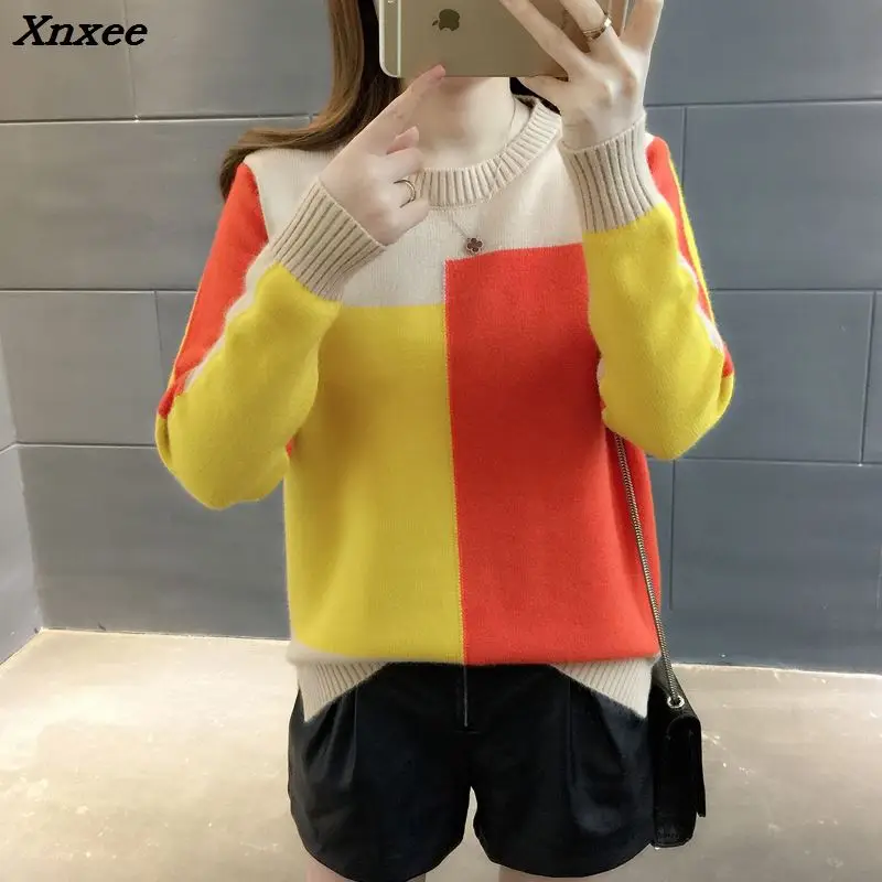 Spring Autumn Women Sweater Pullover 2018 New Fashion Colorblock O-neck Loose Knit Bottom Sweater Large size Women Clothing 230