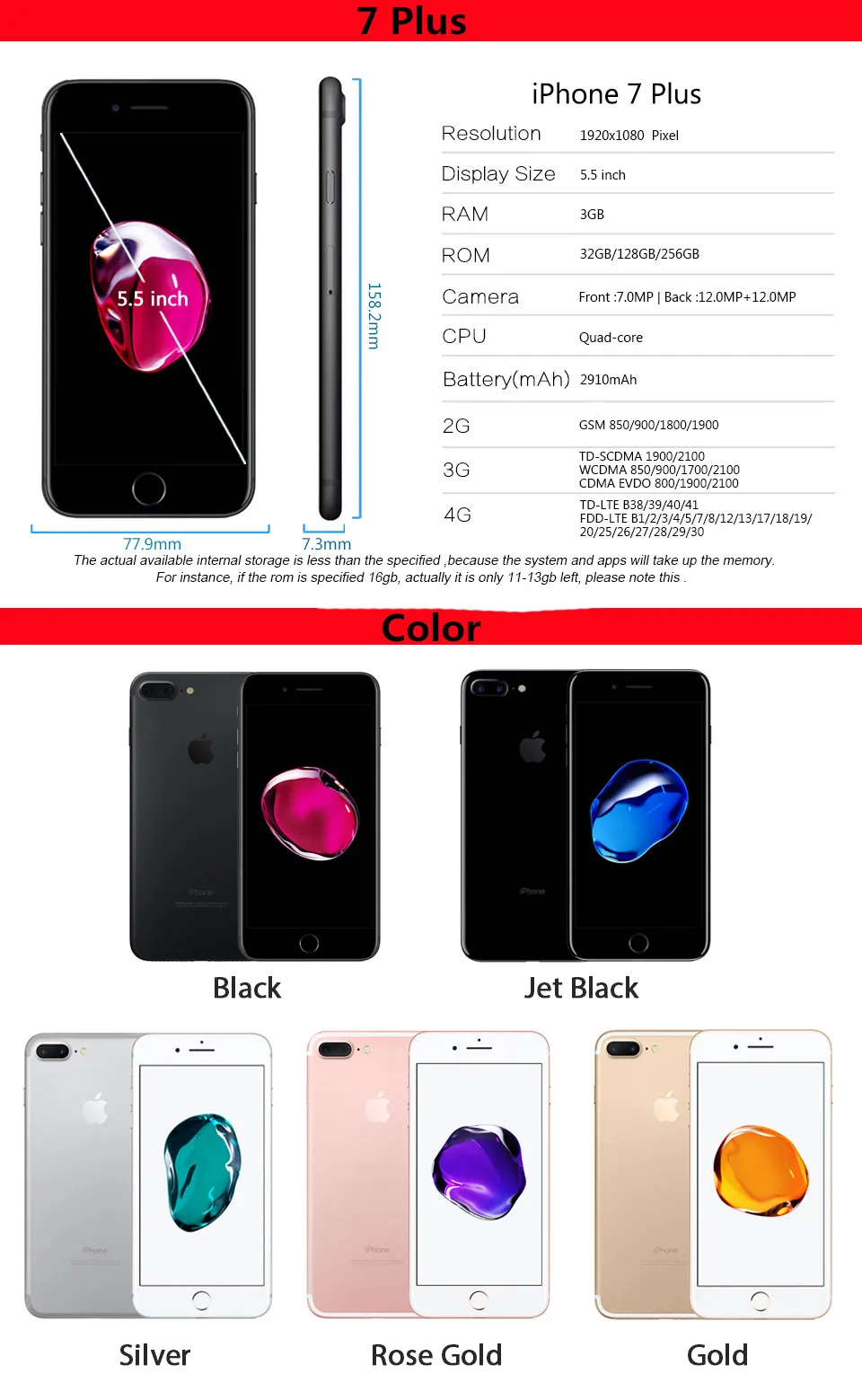 Apple iPhone 7/iPhone 7 Plus четырехъядерный 12,0 МП камера 32G/128G/256G Rom 4," /5,5" отпечаток пальца 4G разблокированный мобильный телефон