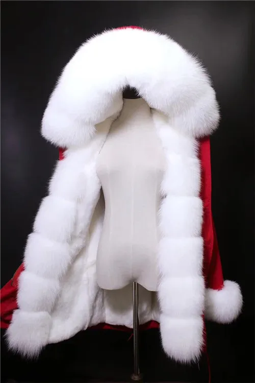 White red shell Зимняя парка из натурального меха, Женская длинная куртка, новая подкладка из натурального кроличьего меха, толстое пальто с большим воротником из лисьего меха, пальто с капюшоном, парка из натурального меха - Цвет: White red shell