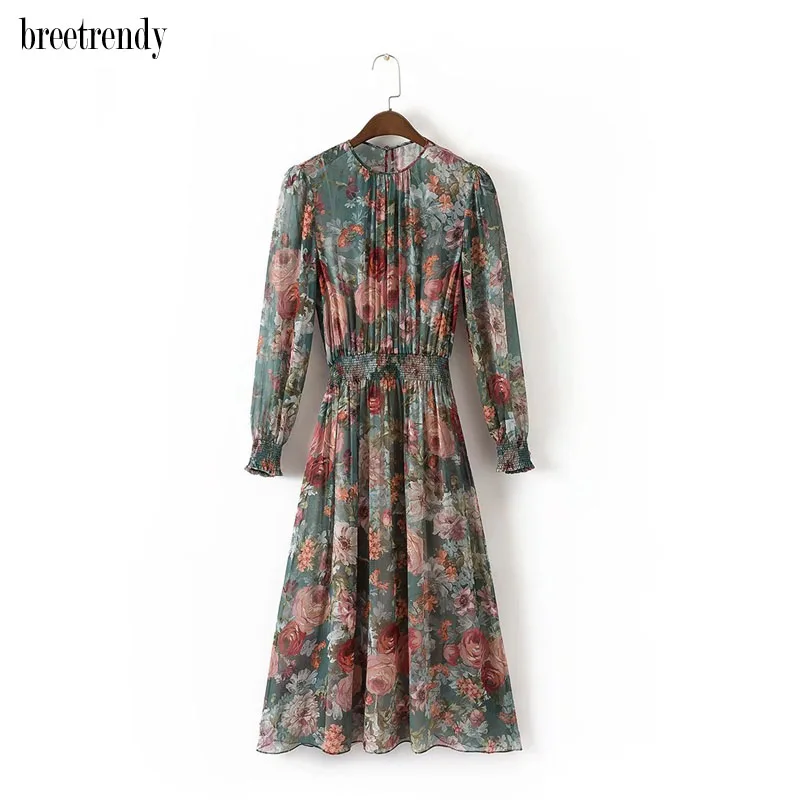 

new arrival fashion women vintage floral print long sleeve two pieces set dress ladies o neck pleated long dresses vestidos