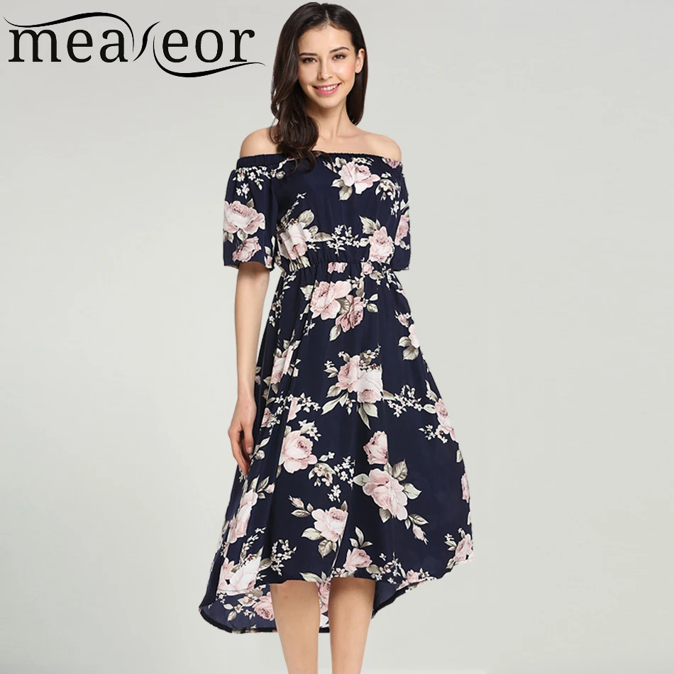 Meaneor Women Casual Slash Neck Off Shoulder Short Sleeve Dress Floral Prints A-Line Pleated Hem 2018 Summer New Ladies Dresses | Женская