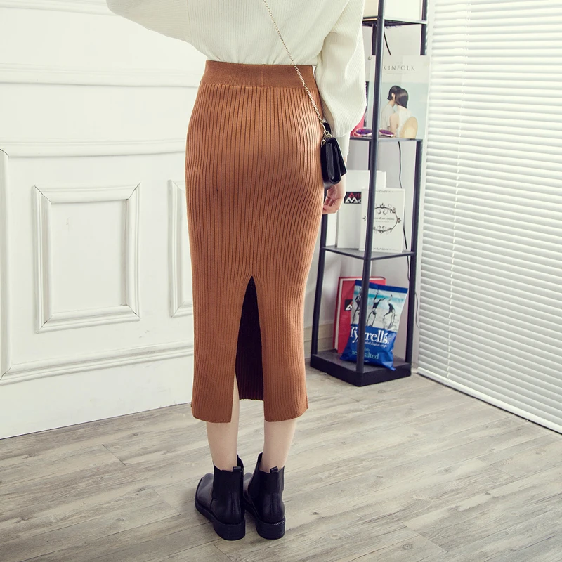 Новые осенние длинные трикотажные юбки с высокой талией и разрезом сзади, корейские Хлопковые вязаные весенние юбки-карандаши в стиле бохо