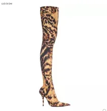 

2018 sexy women leopard boots thigh high booties thin heel over knee high boots ladies party shoes elastic sock booties vintage