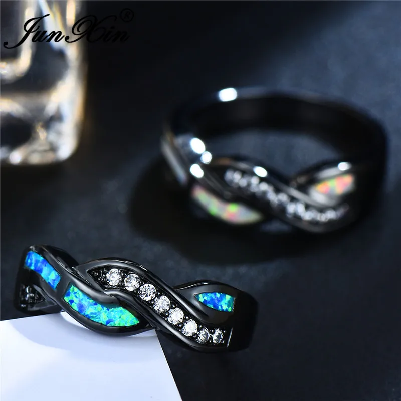JUNXIN Male Female Blue/White Fire Opal Rings For Women Men 925 Silver Black Gold Filled Wave Cross Ring Zircon Wedding Jewelry