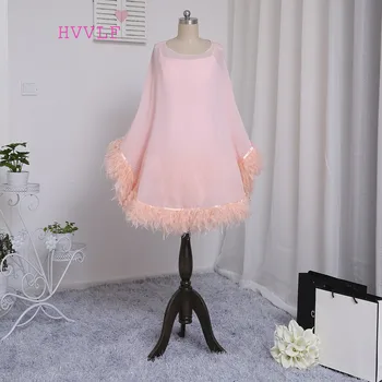 

HVVLF 2019 Formal Celebrity Dresses Sheath Spaghetti Straps Knee Length Pink Satin Feather Famous Red Carpet Dresses